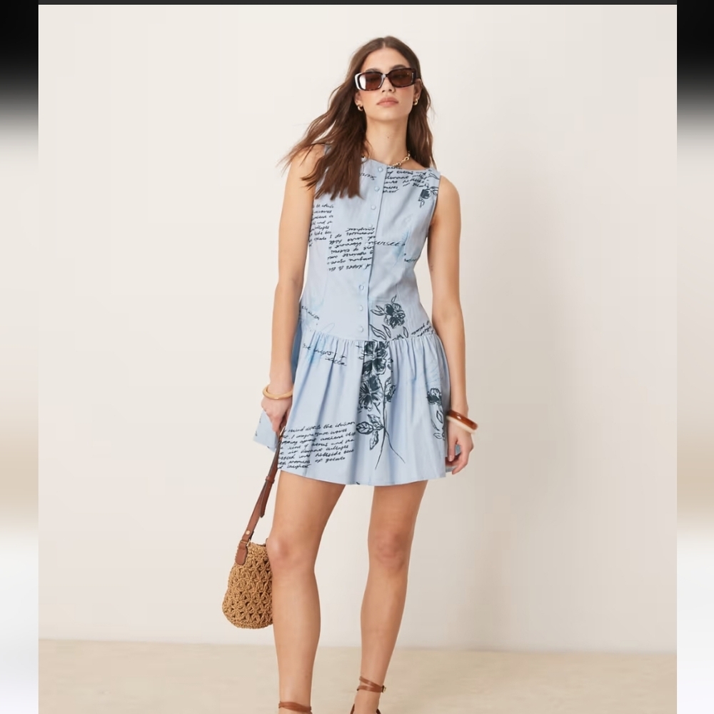 ASOS DESIGN slash neck button down dropped waist mini sundress blue floral Sz 4